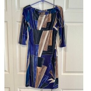 Vintage Diane Von Fustenberg Abstract Print Dress Geometric Boat Neck 3/4 Sleeve